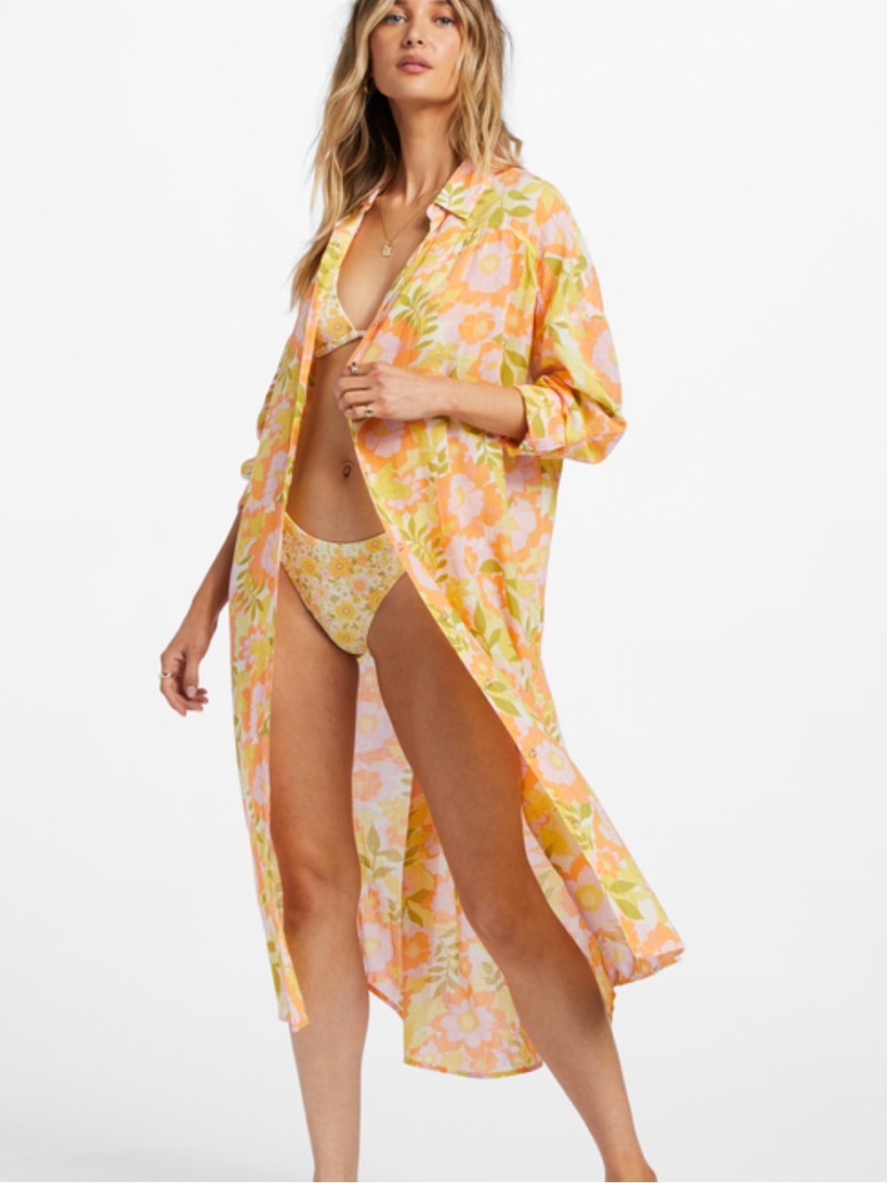 Billabong Floral Orange & Pink Beach Cover-Up Shirt Dress size M